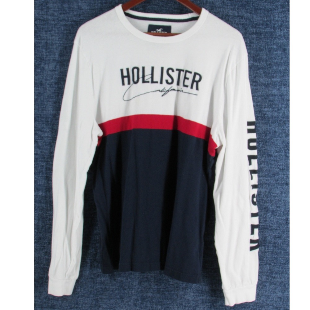 Hollister Long Sleeve T-Shirt Mens L White Navy Red Cotton Regular Logo Graphic